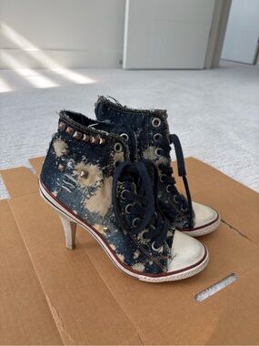 Denim Distressed Lace-Up High-Heel Sneaker Booties Size 37